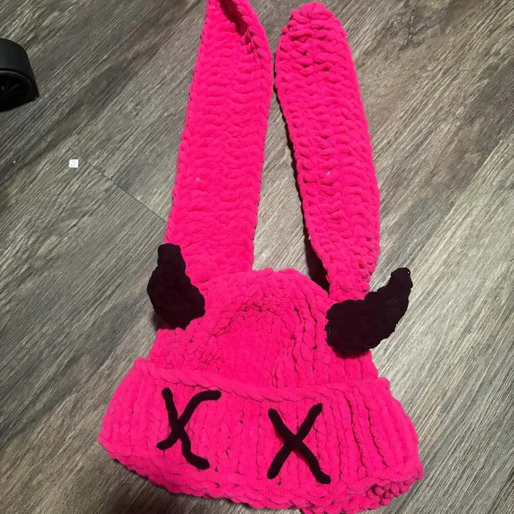 Pink Chunky Beanie Bunny Hat Ears Horns Knit X Eyes
